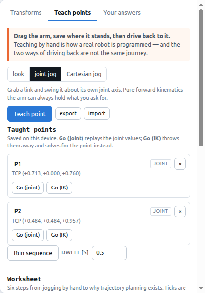 Tab Teach points: ba chế độ jog, nút Teach point, và danh sách hai điểm P1, P2 đã lưu
