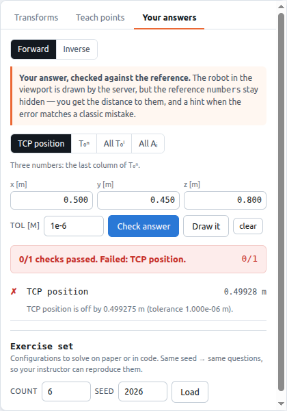 Tab Your answers với chế độ TCP position, ba ô nhập x y z và kết quả chấm sai lệch 0.16 m